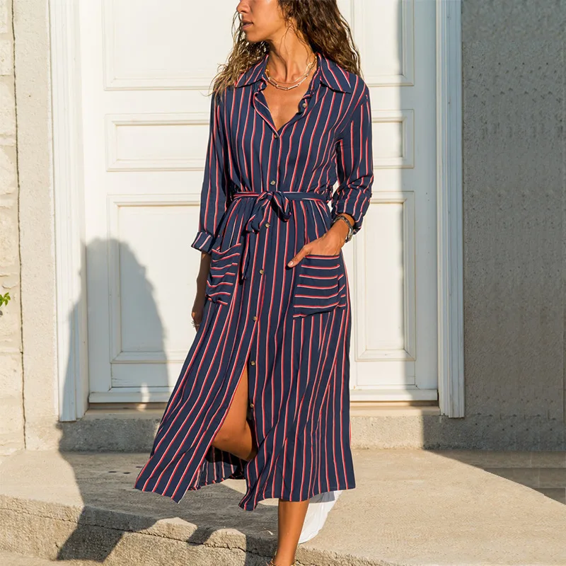 

Stripe Print Shirt Dress Turn-Down Collar Sashes Button Casual Autumn Winter Long Sleeve Pocket Elegant Robe Maxi Vestidos