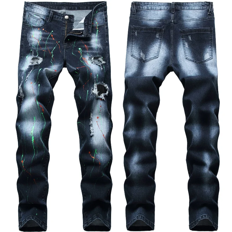 

Джинсы мужские Выбеленные в стиле ретро, узкие брюки из денима с рваными красками в горошек, в стиле хип-хоп, уличная одежда