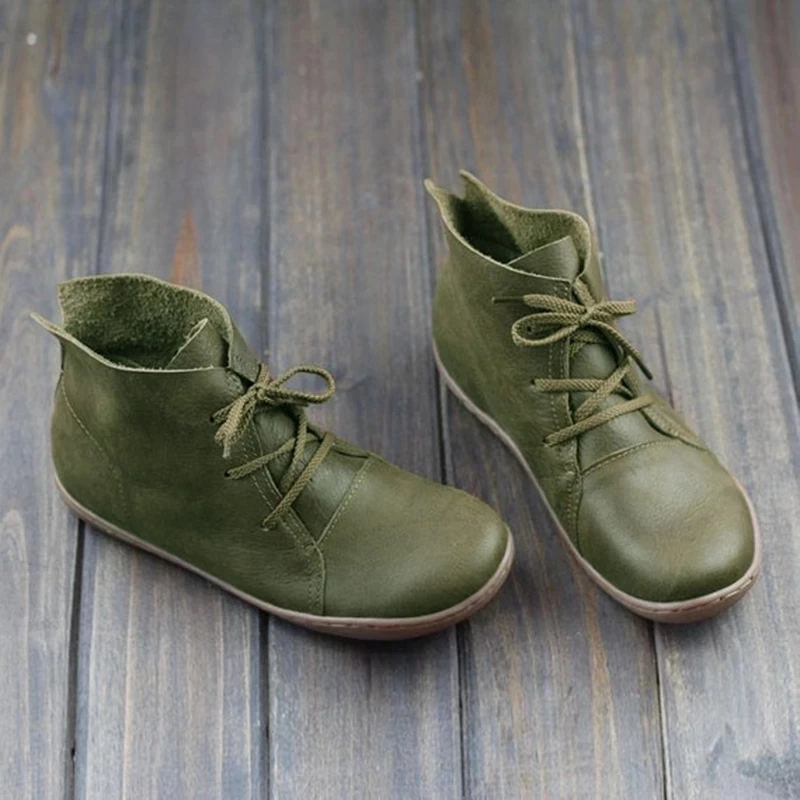 armygreen Davidyue/кожаные ботильоны; Прямая поставка; коллекция года; сезон осень; женская обувь на шнуровке в винтажном стиле; удобные ботинки на плоской подошве; женские короткие ботинки - Цвет: armygreen