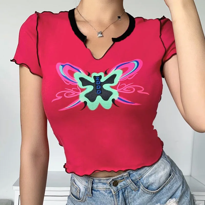 

Summer Crop Top Streetwear Women V-cut Short Sleeve Basic T-shirt Butterfly Print Picnic Party Bodycon Stretch Tee Tops