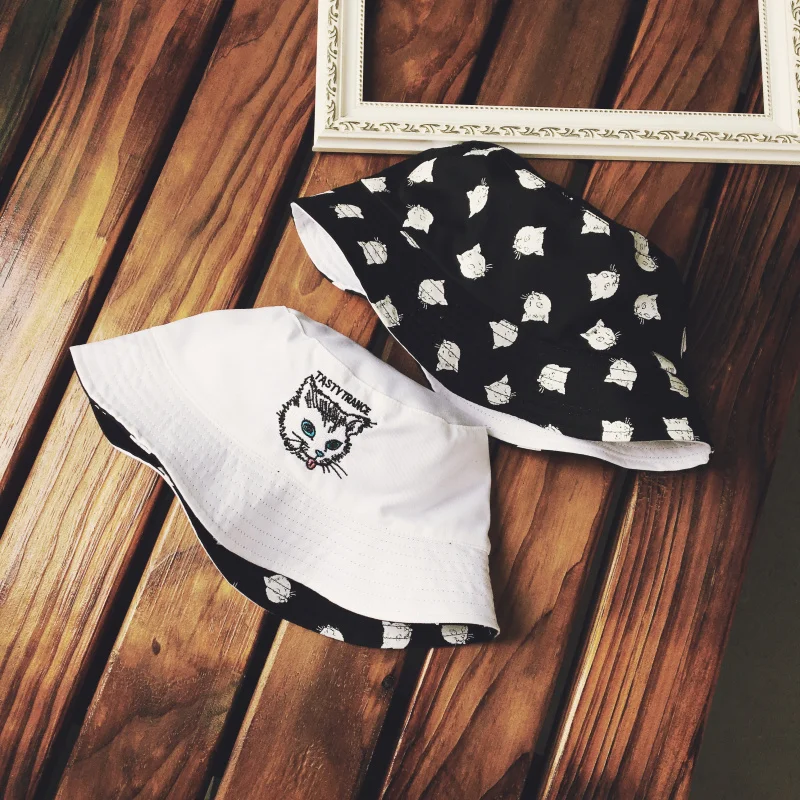 Корейская двухсторонняя Панама в стиле ольччан Харадзюку с котенком Рыбацкая