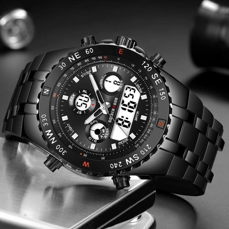 Модные спортивные аналоговые цифровые часы GOLDENHOUR с двойным временем