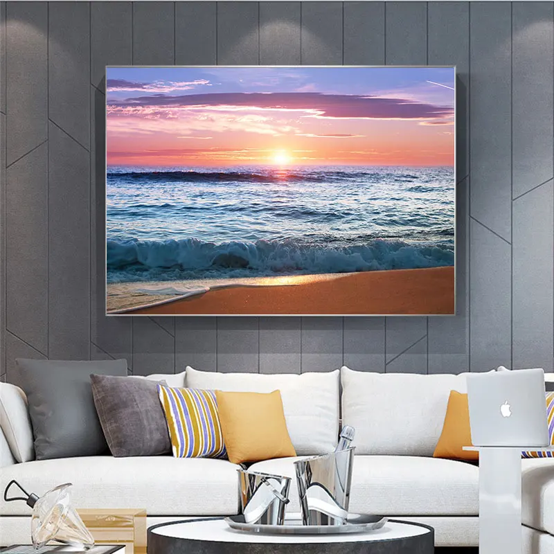 

Modern Simple Nordic Seaside Sunrise Beach Sea Scenic Canvas Painting Oil Painting Poster Modern Wall Art Picture Decor Home