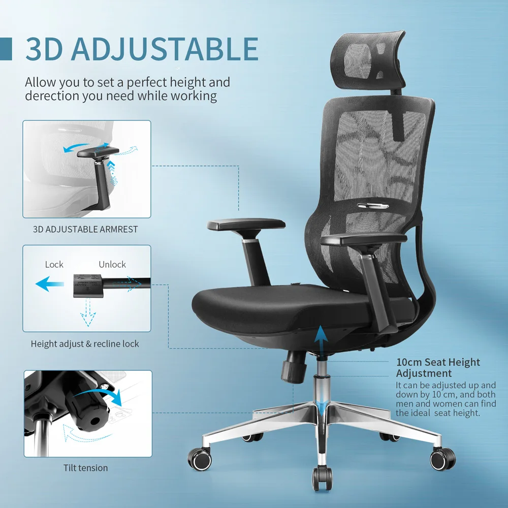 

Эргономичный сетчатый офисный стул с поддержкой поясницы, поворотный компьютерный стул с высокой спинкой и 3d-подлокотником, регулируемый п...