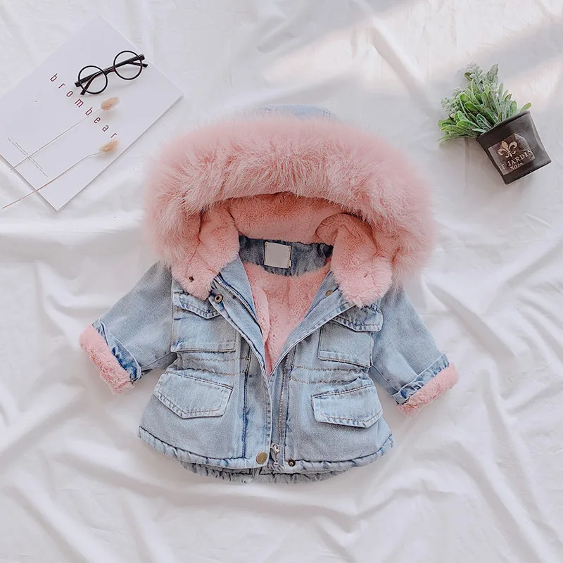 pink Г. Осенне-зимняя Вельветовая джинсовая куртка для девочек утепленное пальто с меховым воротником на талии детская теплая парка с капюшоном - Цвет: pink