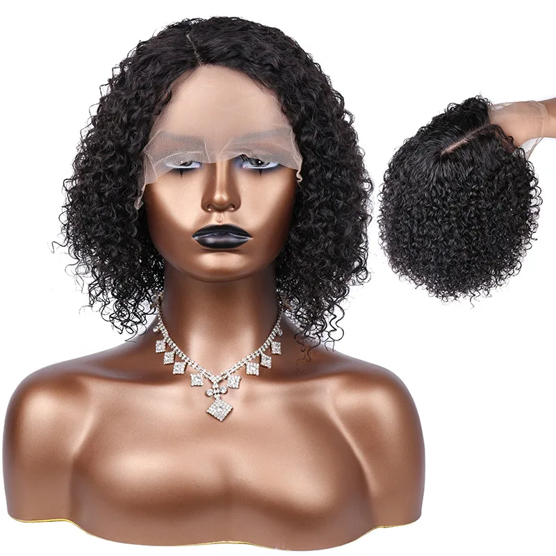 100% Real Remy Human Hair Black Short Afro Kinky Curly Wig 100% Hand-tied T part Lace Front Costume Wig for women 12 inch