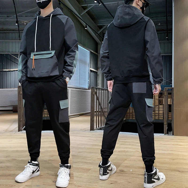 

Streetwear Hip Hop 2 Pieces Set Mens Tracksuit Casual Pockets Suits Loose Hooded Sweatshirts Men Jacket+Pants Sets Mens Clothing