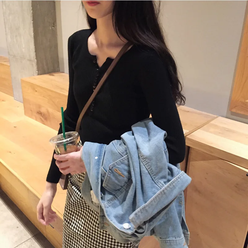 Fall Solid Cotton Women Sweater 2022 V-neck Long Sleeve Slim Elastic Pullover Chic Knit Bottoming Clothes 10305 | Женская одежда