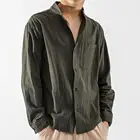 Рубашка мужская с воротником-стойкой, повседневная сорочка из хлопка и льна, сорочка с короткими рукавами, однотонная