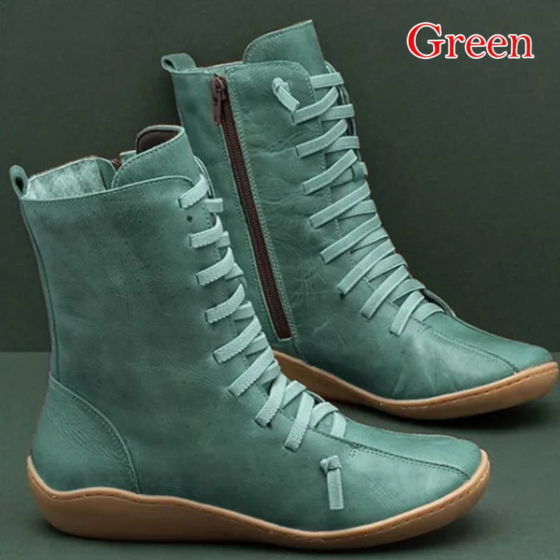 C green Женские зимние ботинки из искусственной кожи; весенние ботильоны на плоской подошве; женские короткие ботинки коричневого цвета с мехом; коллекция года; женские ботинки на шнуровке; Botas Mujer - Цвет: C green