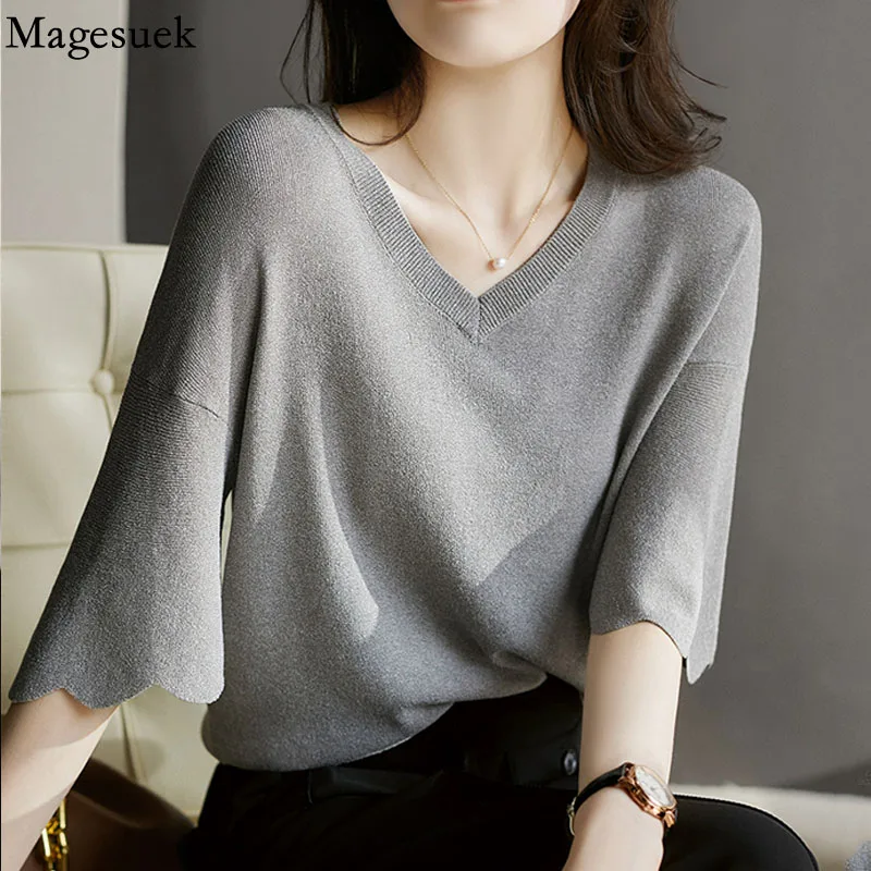 

Ice Silk Petal Sleeve Women's Fashion Shirt V-neck Knitting Summer Women's Blouse Top Loose Short Sleeve Sweater Thin 14799