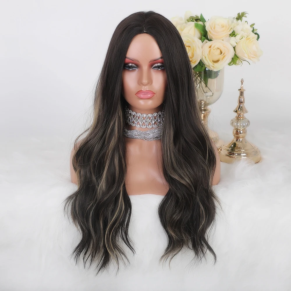 

Emmor Long Medium Part Black hair with highlight Synthetic Wigs Natural Wave Heat Resistant Hair Cosplay Daily Wig for Women
