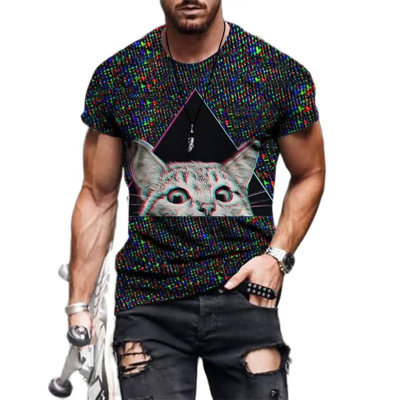 Футболка мужская оверсайз с круглым вырезом модная тенниска 3D рисунком кота