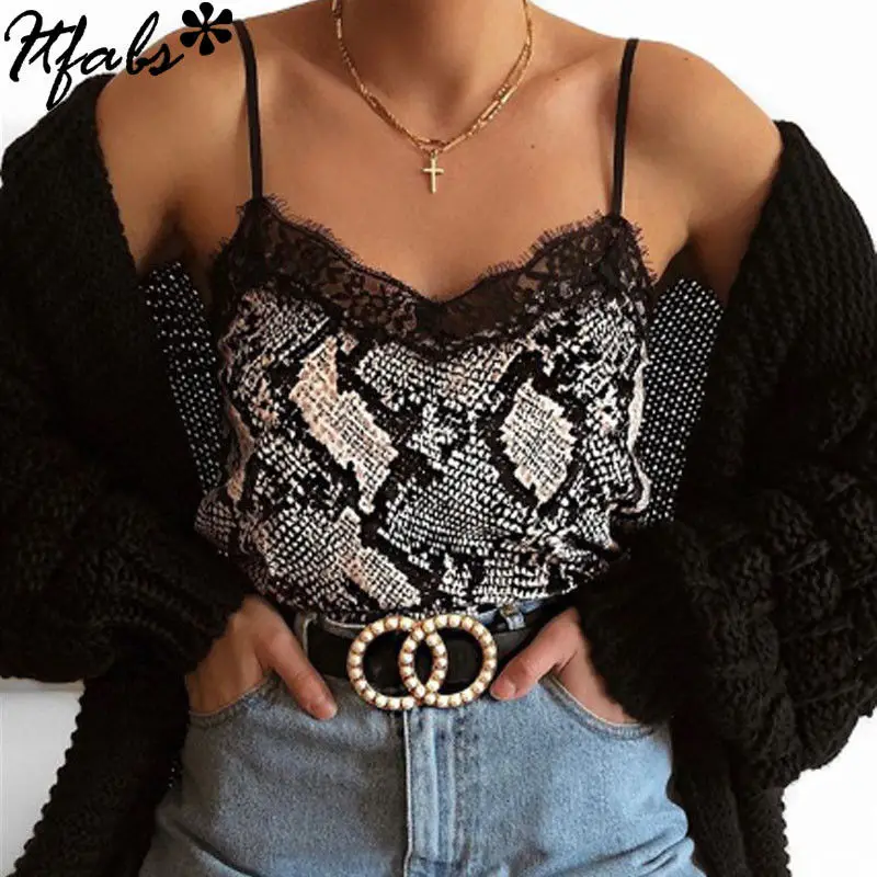 

Летний женский сексуальный топ на бретельках без рукавов с v-образным вырезом и леопардовым принтом со змеиным принтом, кружевной облегающи...