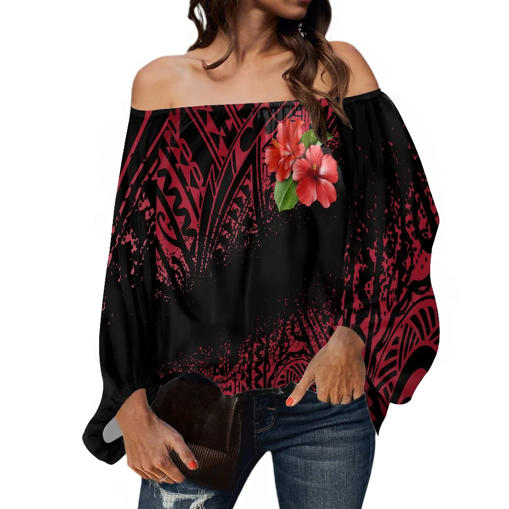 

Fashion Woman Blouses 2021 Casual Chiffon Top Polynesian Tribal Hibiscus Print Women Off Shoulders Long Sleeve Loose Clothing