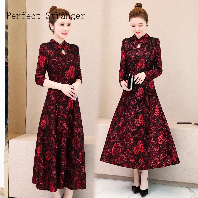 Осень Зима Новое поступление размера плюс M-3XL Ретро Cheongsam стоячий воротник жаккард длинный рукав женское длинное платье