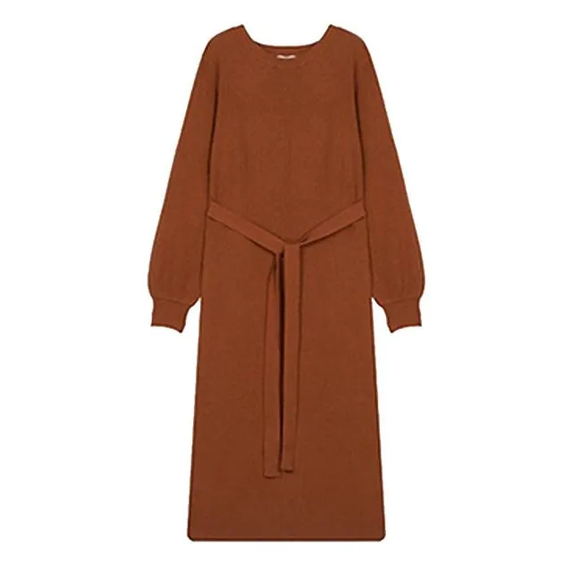 Autumn Winter O-Neck Sweaters dress Women Long Sleeve Knitted Loose Sweater Dress Female Elegant Sashes A-Line Dresses vestidos | Женская