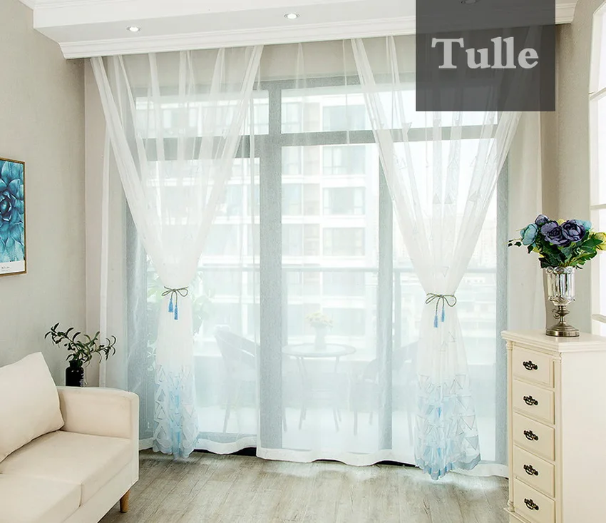 Современный Синий Геометрический вышитый оконный экран для гостиной спальни в скандинавском стиле, отвесный тюль для эркера кухни M136#4