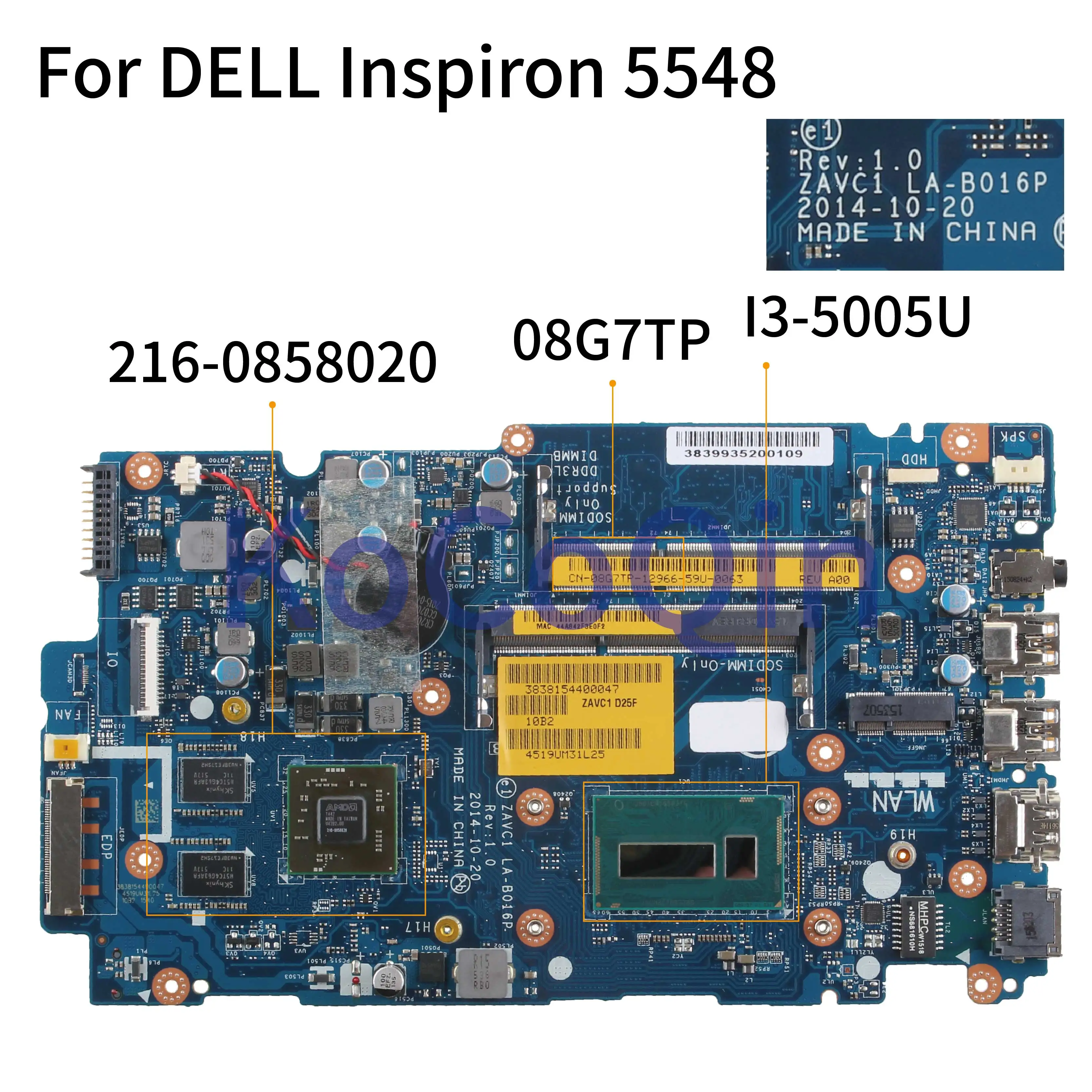 KoCoQin Laptop motherboard For DELL Inspiron 5548 5448 5543 I3-5005UMainboard CN-08G7TP 08G7TP ZAVC1 LA-B016P SR27G 216-0858020
