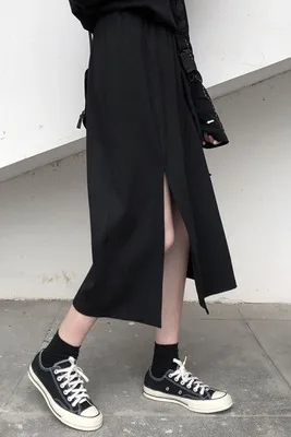 

2020 spring high waist mid-length a-line skirt skirt skirt with side-split bust skirt by dark black design minority