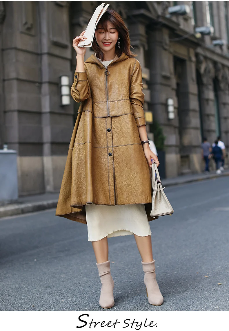 

2021 spring new medium and long windbreaker worn and edged leather sheepskin commuting temperament women's leather