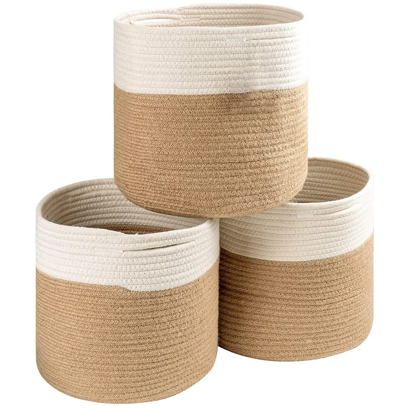 

Rope Storage Bins 3 Pack Storage Square Organizer Foldable Decorative Woven Basket with Handles for Clothes,Towels