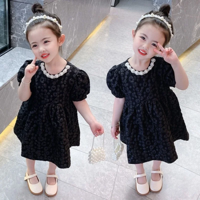 

elegant Vintage balck dress with pearl evening party prom Dresses for Girls Short Sleeve cocktail Princess dresses kids Clothes