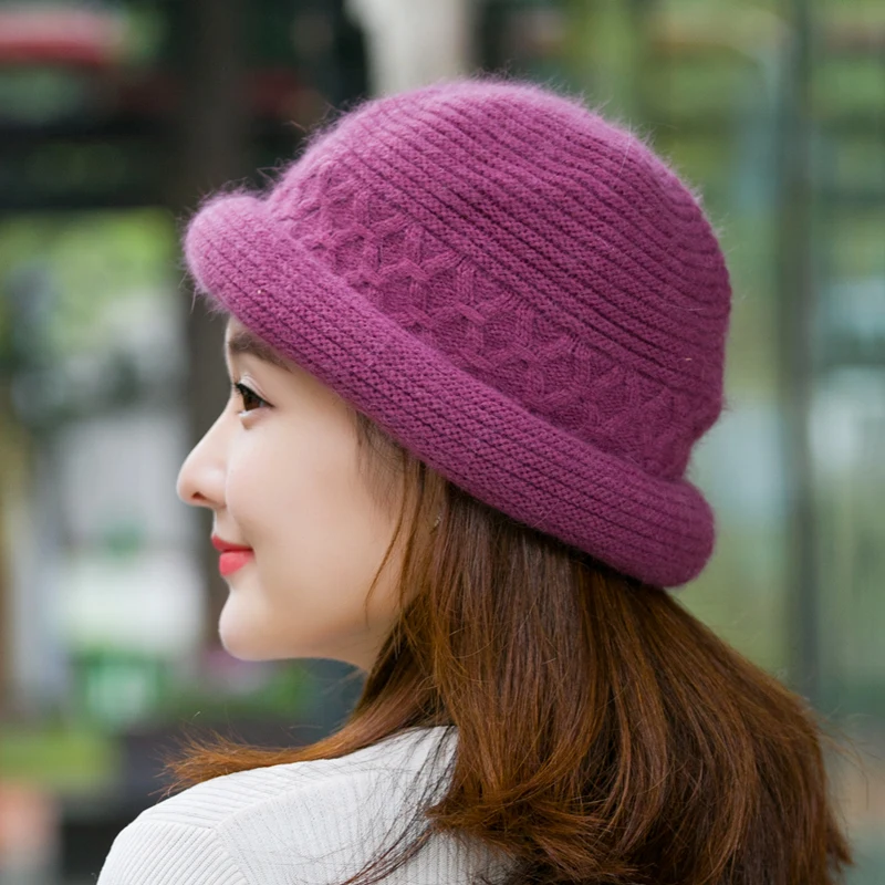 H7770 Winter Bucket Hat Women Mother Warm Thickened Rabbit Fur Knitted Fisherman Cap Elderly Grandma Elegant Outdoor Simple Caps