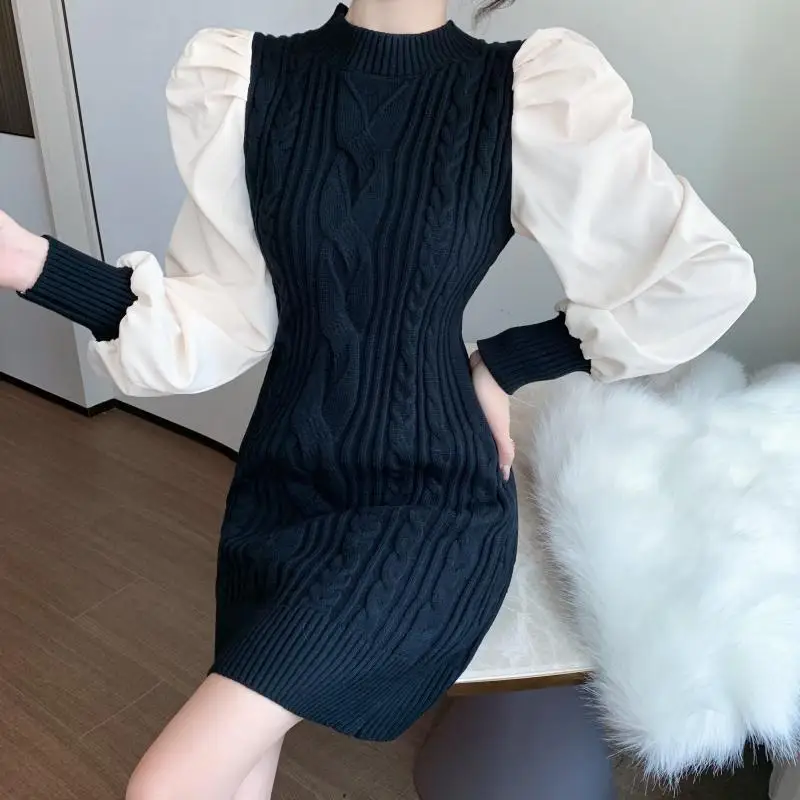 

Lantern Long Sleeve Patchwork Knitted Twisted Dresses Korean Slim Women Half Turtleneck Sweater Lady Mini Dress 2021 New