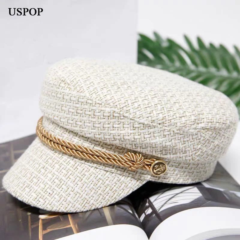 USPOP New winter newsboy caps weaving tweed cap flat visor military hats | Аксессуары для одежды