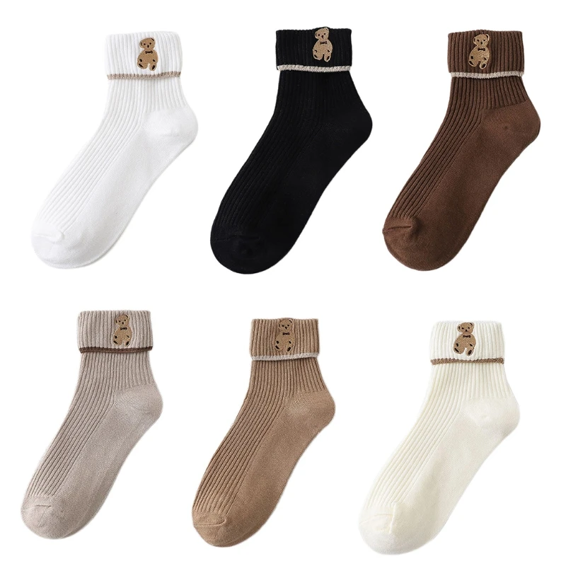 

Women Student Crew Socks Lolita Cartoon Bear Embroidery Turn Cuff Ribbed Hosiery