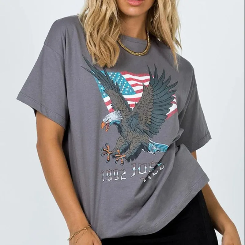 

Женские винтажные футболки с американским флагом и принтом орла, Повседневная Уличная футболка с коротким рукавом, летняя модная одежда СШ...