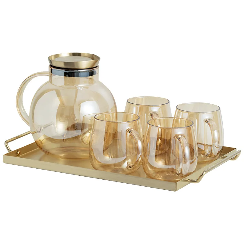 

New 1.5L Gold High Borosilicate Glass Teapot set Wiht Mug Cup Tray fruit Juice Water Coffee Tea Pot flower Large Kettle Gift