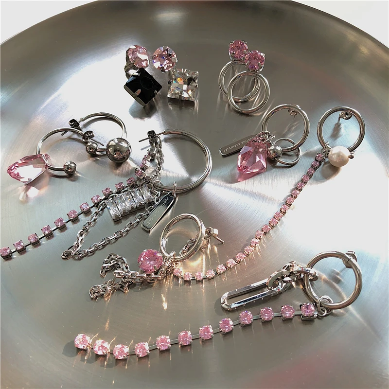 

HANGZHI Stylish personality Punk Rhinestone Tassel Chain Long Asymmetrical Earrings Large Circle Round for Women Party Jewelry