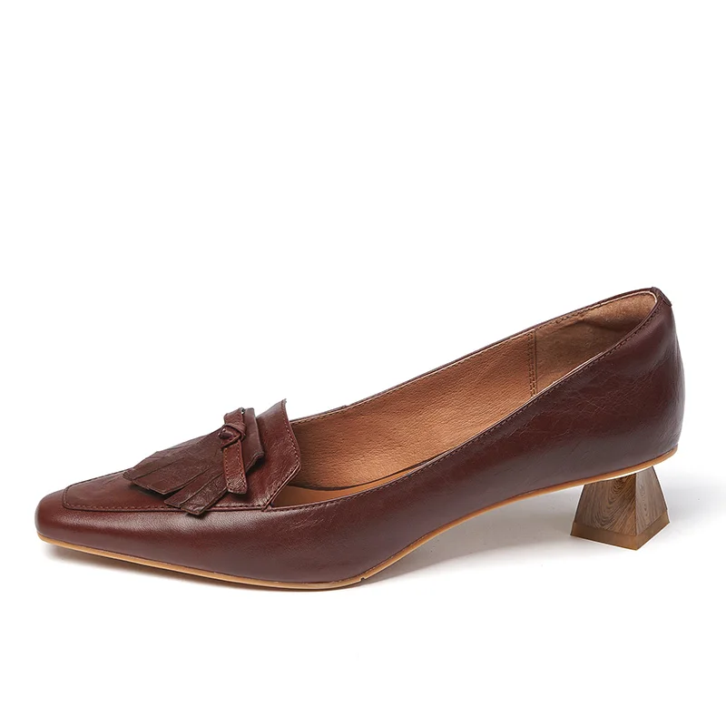 

2021 New Genuine Leather Fringe Pumps Ladies Retro Square Toe Shoes Strange High Heels Tassel Slip On Causal Shoes Spring