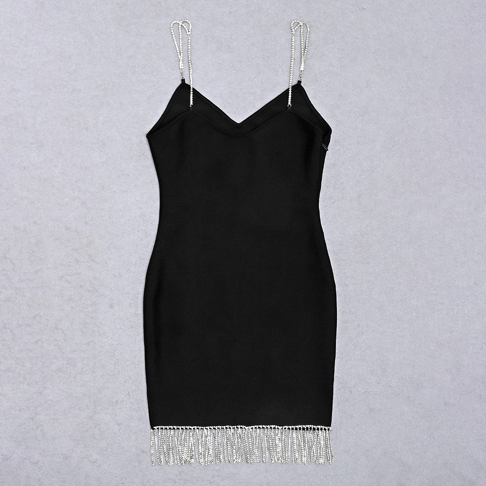 

HQBORY ladies sexy v-neck mini short dress Diamond tassel sleeveless strapless dresses black bodycon party night club 2021