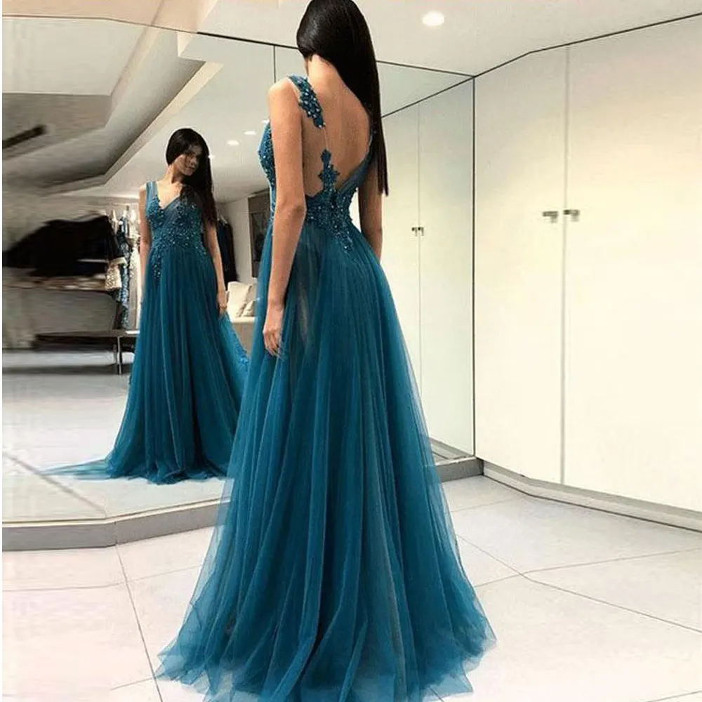 

A-line 2021 Evening Dresses Net/Tulle V-Neck Sweep/Brush Party Gowns Applique Beading Sleeveless Front/Side Slit Party Dresses