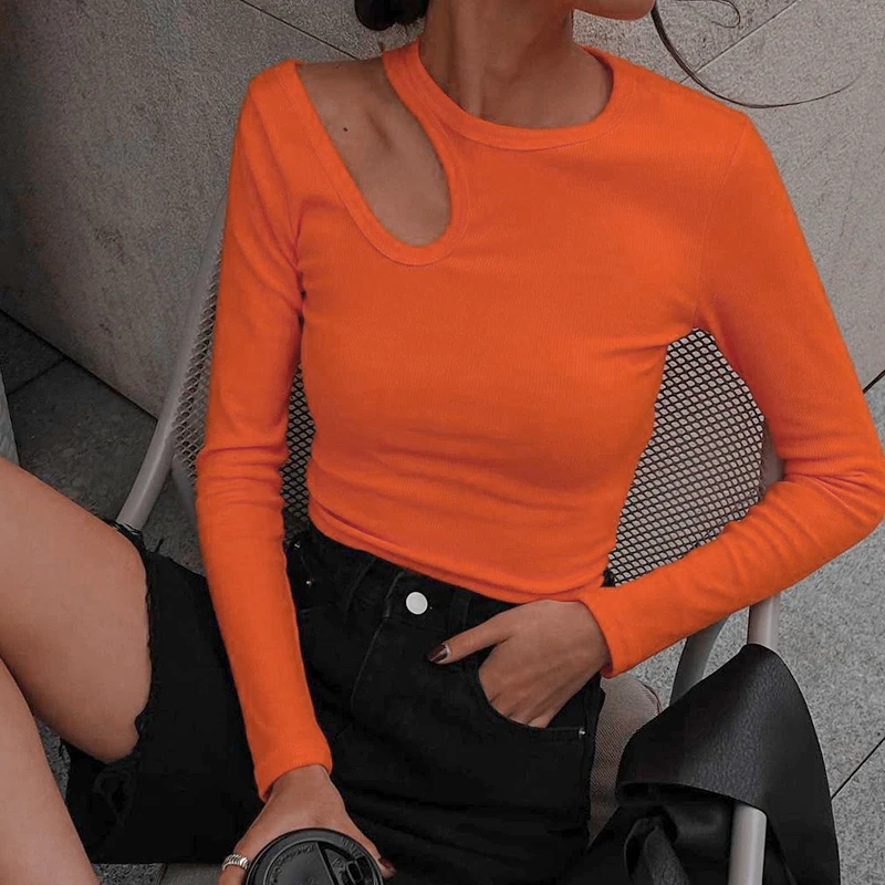 

One Shoulder Tee Casual Shirts Women Long Sleeve Hollow Out O-Neck Sexy Tops Woman Asymmetric 2021 Ribbed Autumn Tops