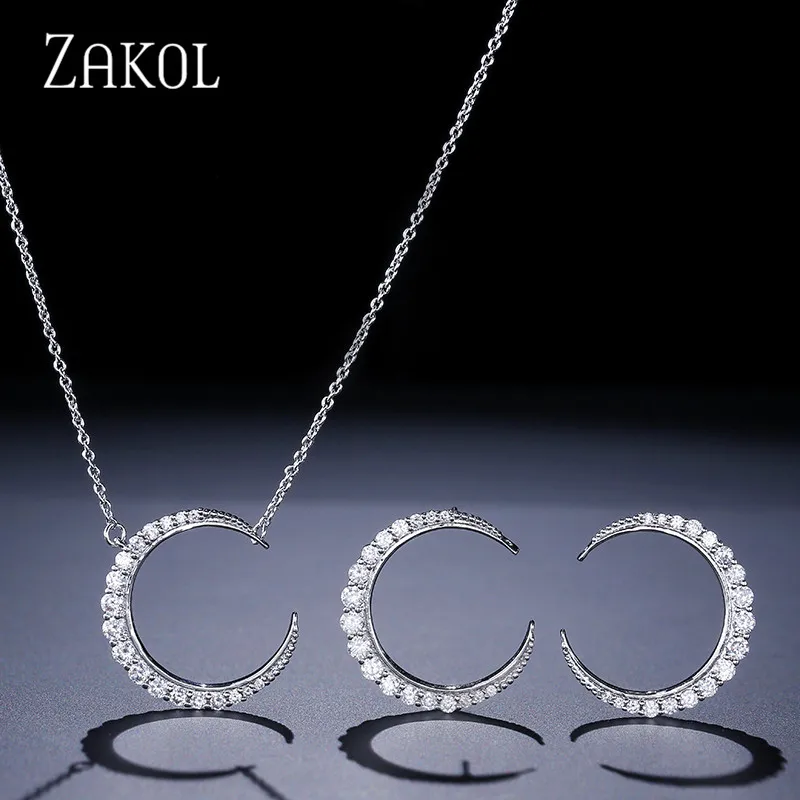 ZAKOL Classic Moon Shape Jewelry Sets White Gold With Tiny CZ Paved Pendant Necklace &amp Stud Earrings For Women FSSP3002 | Украшения и