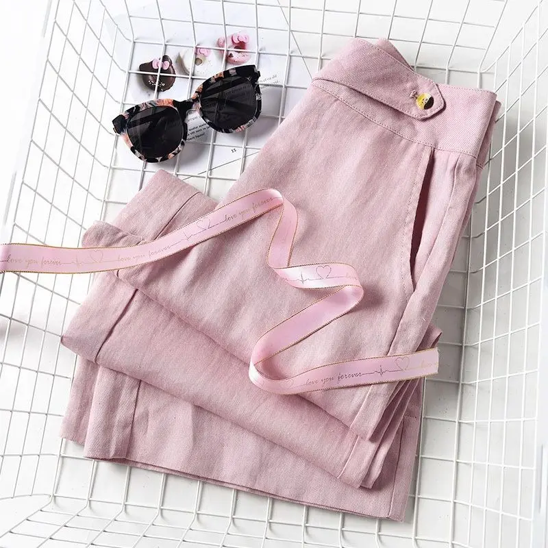 

Womens Spring Summer Pants Cotton Linen Solid Elastic Waist Wide Leg Pants Female Casual Soft Thin Elegant Trousers Ladys S-XXL