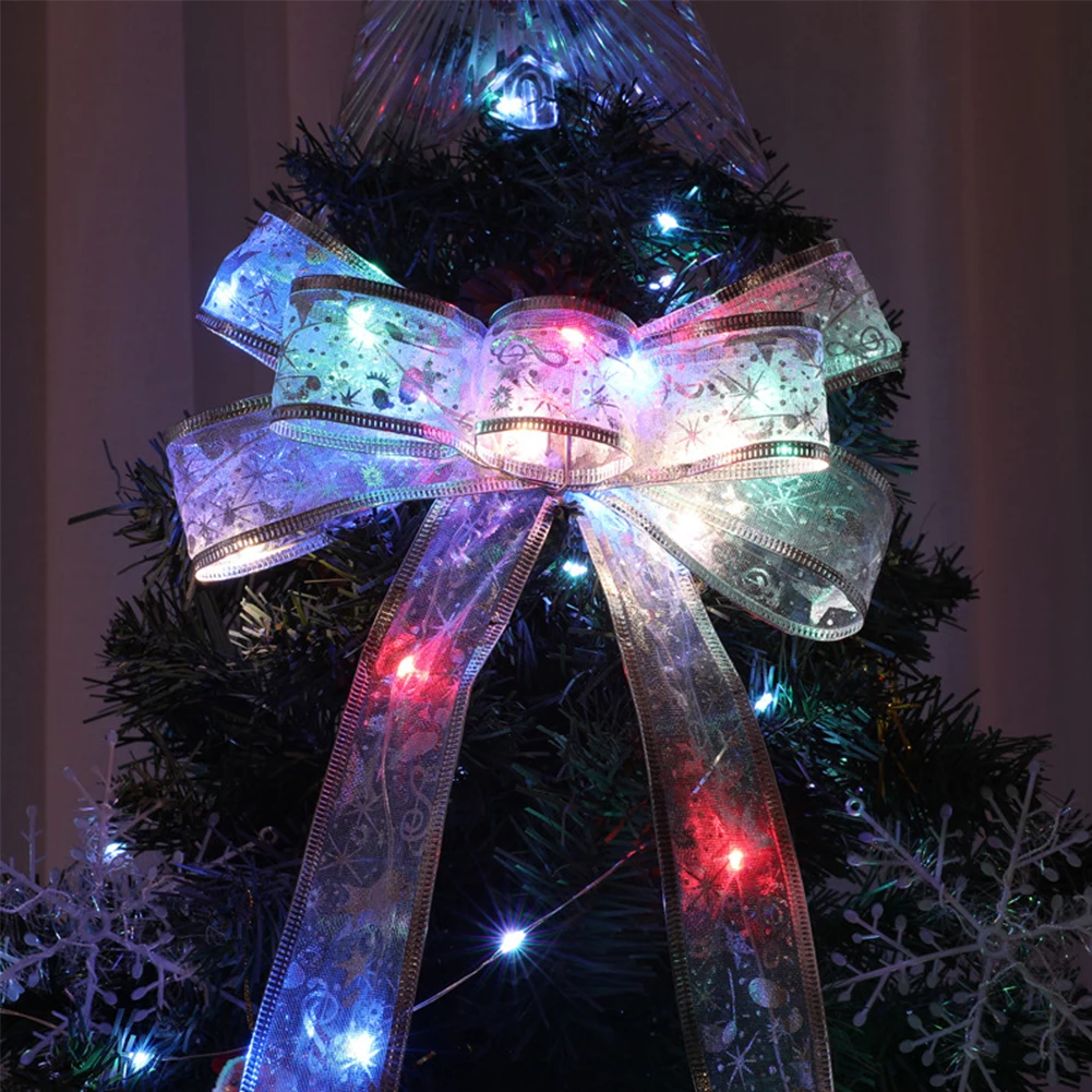

20 LED 2M Double Layer Fairy Lights Strings Christmas Ribbon Bows With LED Christmas Tree Ornaments New Year Navidad Home Decor