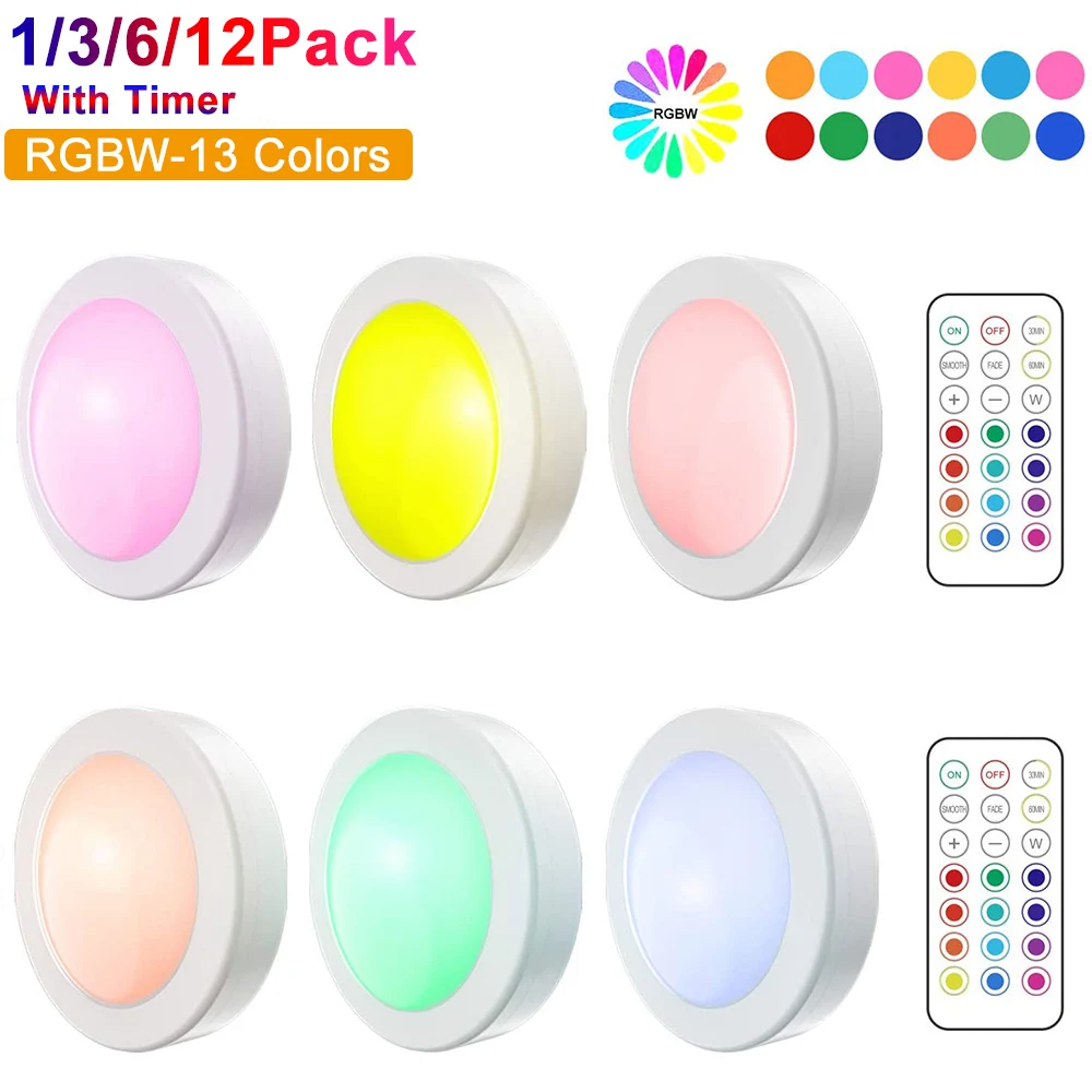 

1/3/6/12Pack Color Changing LED Puck Light With Remote Controls Under Cabinet Lighting Battery Powered Dimmer Timing Stick D30