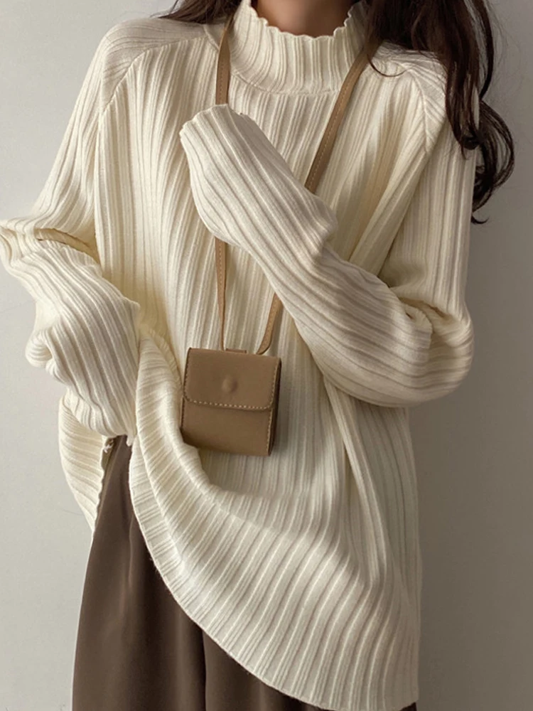 

Autumn And Winter New Versatile Lazy Half High Collar Pullover Sweater Women's Korean Loose Thickened Knitted Top