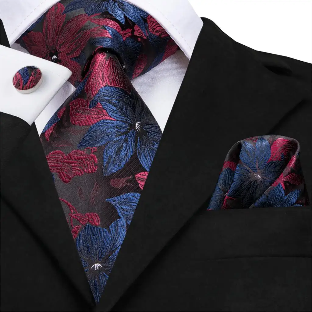 

SN-3125 Hi-Tie 8.5cm Silk Men Tie Floral Red Blue Neckties for Men Classic Party Wedding Pocket Square Cufflinks Luxury Tie Set