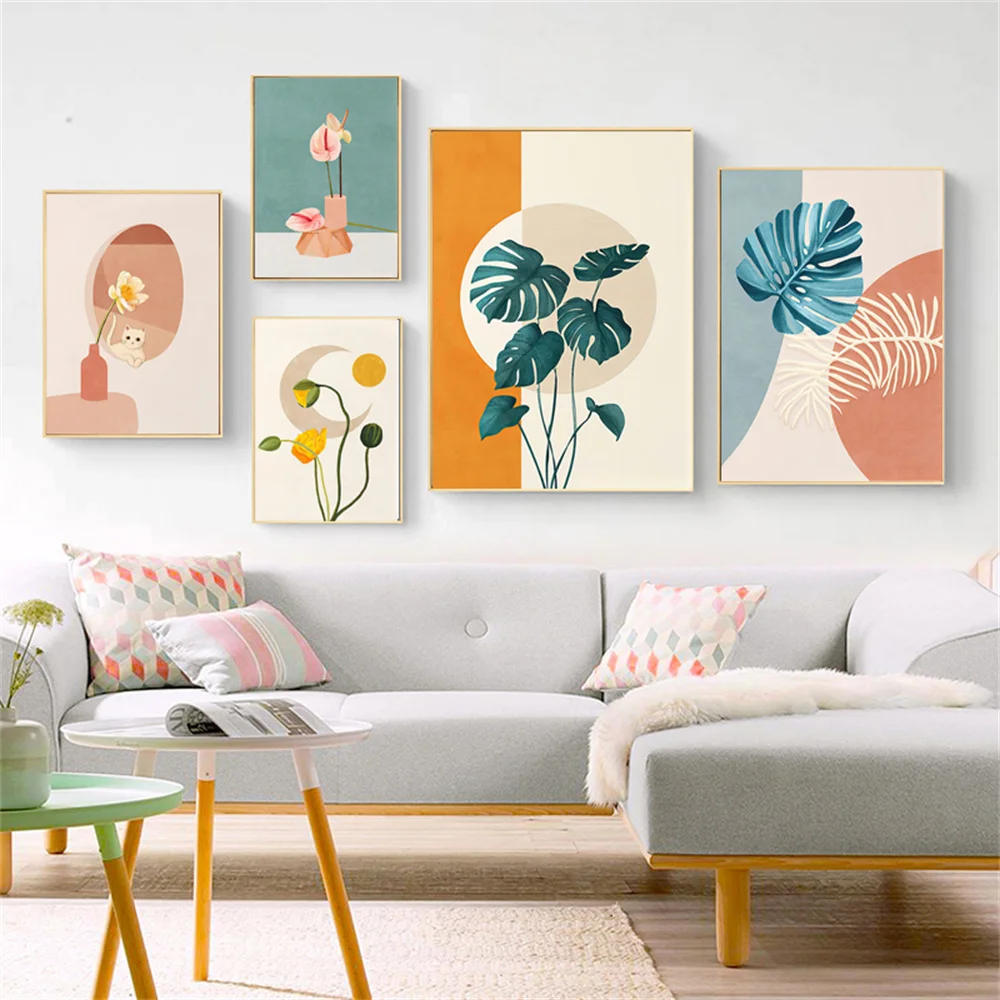 

Abstract Leaf Flower Plant Wall Art Poster Cat Art Prints Monstera Sun Moon Canvas Painting Modern Pictures Living Room Decor