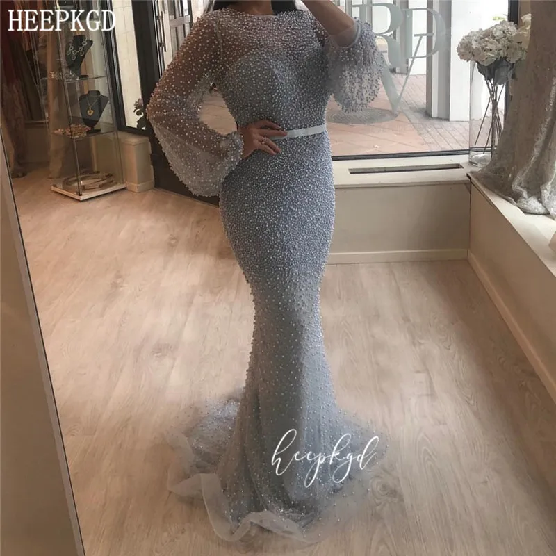 

Dubai Luxury Sliver Evening Dress Whole Pearls Long Sleeves Mermaid Women Special Occasion Dresses Customize Vestido De Fiesta