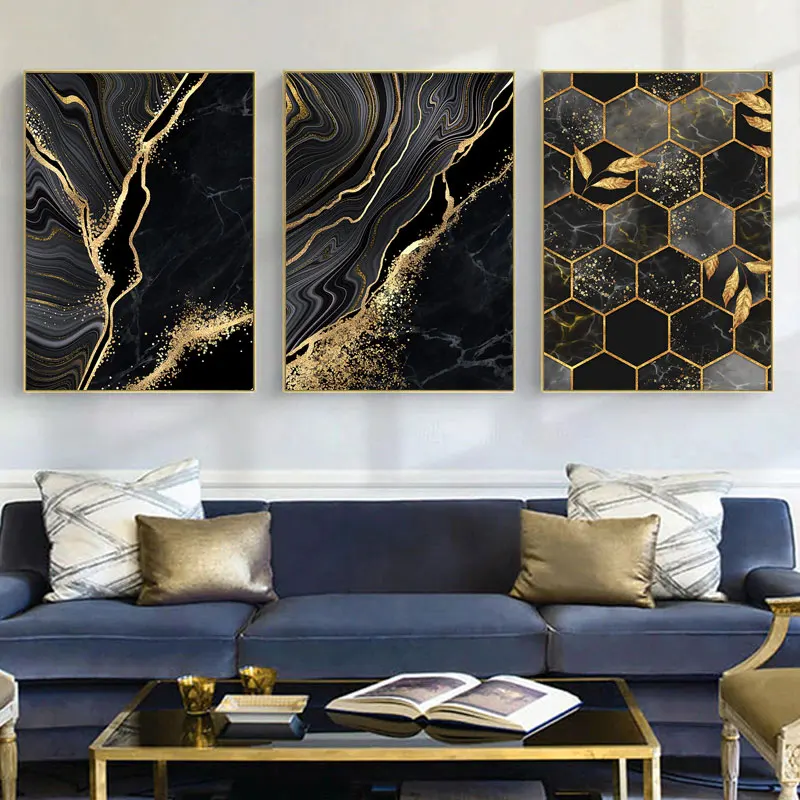 

Abstract Art Print Wall Art Decor Black White Canvas Marble Mosaic with Golden Veins Posters HD Wall Paintings Room Decorations