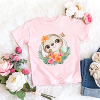 floral slothmonkeypigpandaflogbunnysnailbirdwhalezebrasea lionoctopus animal print girl t shirt pink clothes kids top