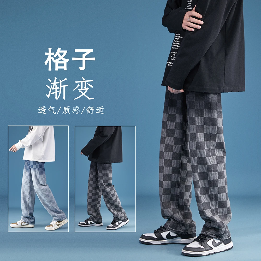 

2022 spring new Plaid gradient jeans male couple comfortable loose young campus youthful vitality style
