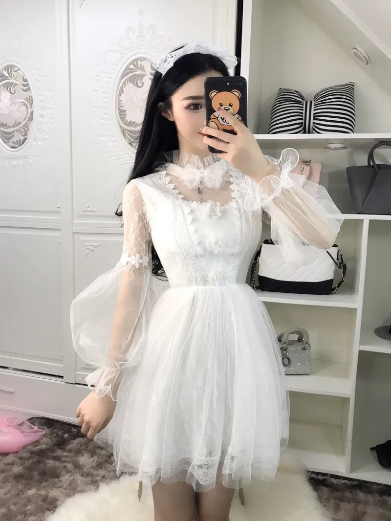 Women Elegant White Black Lace Mesh Party Dress Sweet Puff Sleeve Ball Gown Mini Turtleneck Cute Fairy Vestidos | Женская одежда